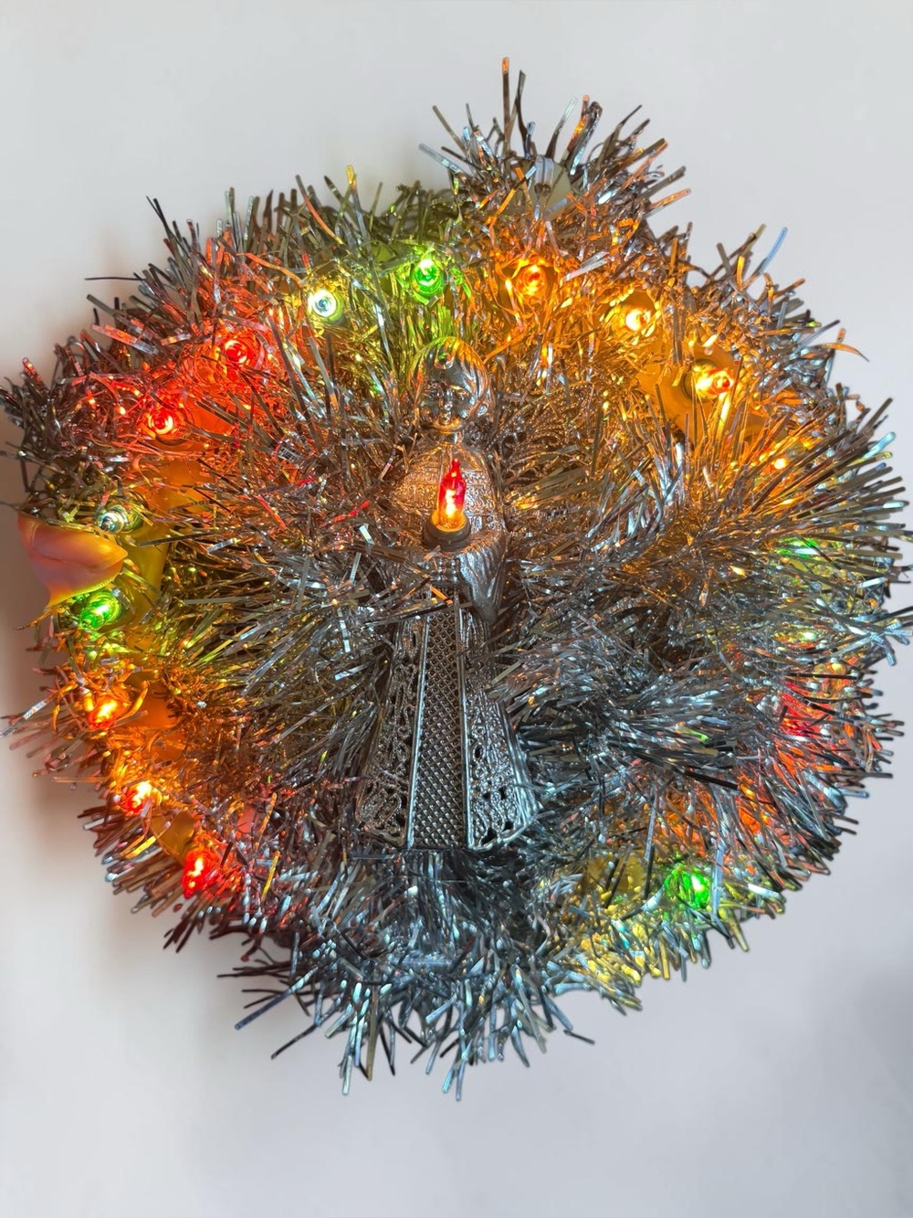 Vintage Silver Tinsel Lighted Christmas Tree Topper Multicolor Retro Decor